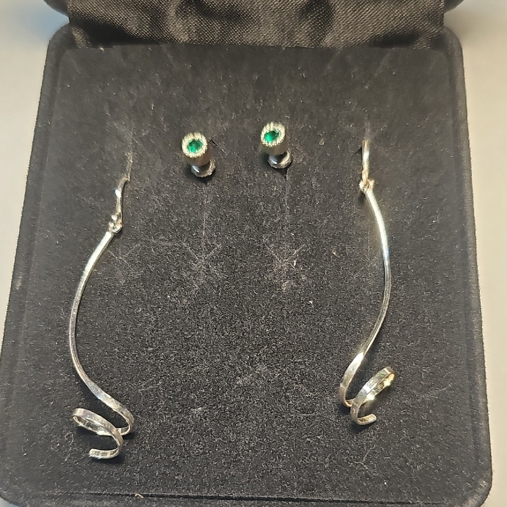 Elegant Sterling Silver with Green studs and dangling Earring set